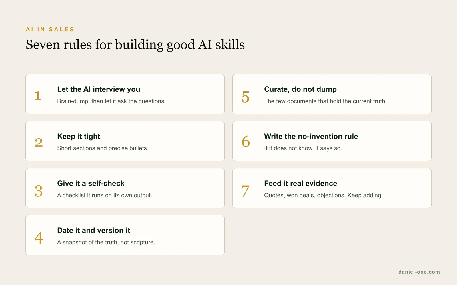 Seven rules for building good AI skills: let the AI interview you, keep it tight, give it a self-check, date and version it, curate instead of dumping documents, write a rule against inventing facts, and keep feeding it real evidence